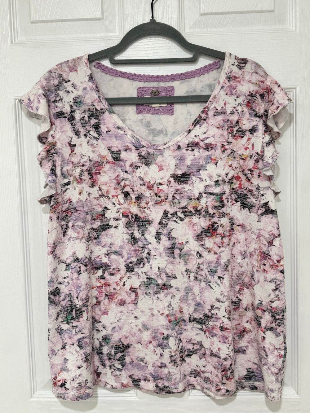 Women's Cupio Pink Floral Top XL Short Flutter Sleeve